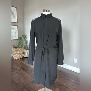 LOFT Ann Taylor ButtonUp Long Sleeve Sheer Lattice Shoulder Shirt Dress Black LG